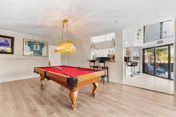 Billiard Table, Game Room, Interior, Pendant Lights, Wood Texture Flooring