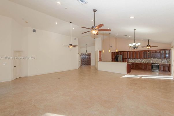 Chandelier, Empty room, Fireplace, Interior, Kitchen, Pendant Lights, Recessed Lighting