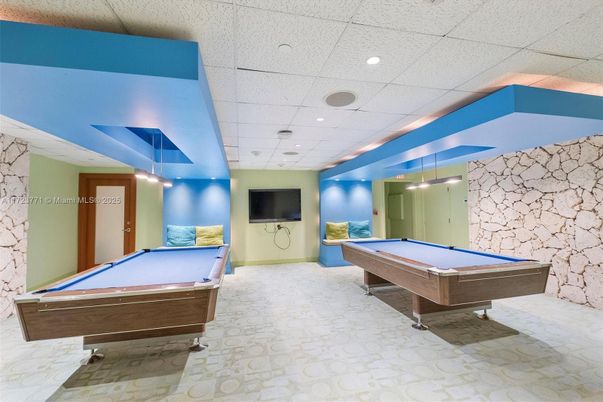 Billiard Table, Game Room, Interior, Recessed Lighting, Stone Walls