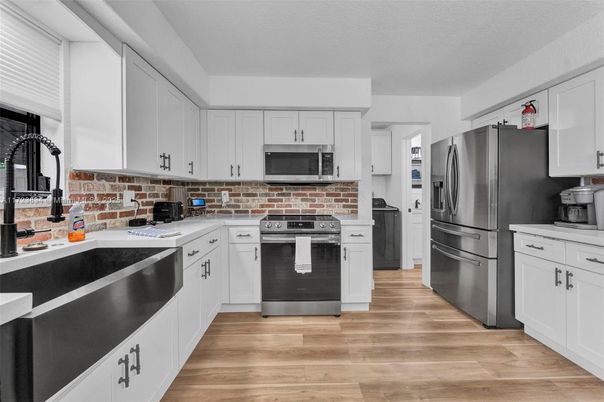 Interior, Kitchen, Stainless Steel Appliances, Wood Texture Flooring