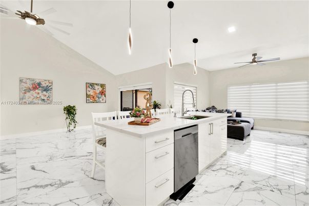 Interior, Kitchen, Marble, Pendant Lights, Recessed Lighting