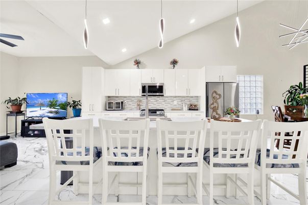Interior, Kitchen, Marble, Pendant Lights, Recessed Lighting, Stainless Steel Appliances