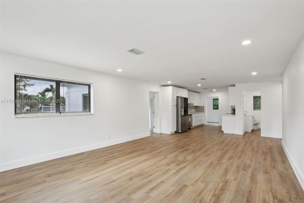 Empty room, Interior, Kitchen, Recessed Lighting, Wood Texture Flooring