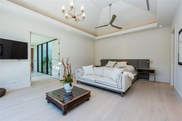 Bedroom, Chandelier, Interior, Recessed Lighting, Wood Texture Flooring