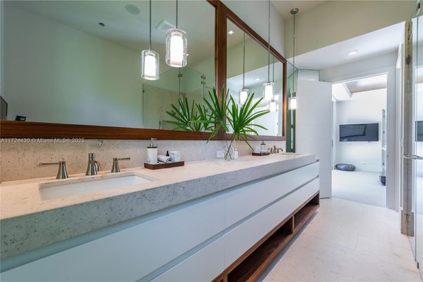 Bathroom, Dual Sink Vanities, Glass Shower, Interior, Pendant Lights, Recessed Lighting