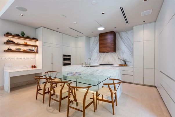Dining room, Interior, Kitchen, Marble Walls, Recessed Lighting, Stainless Steel Appliances