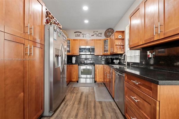 Interior, Kitchen, Recessed Lighting, Stainless Steel Appliances, Wood Texture Flooring