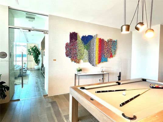 Billiard Table, Game Room, Interior, Pendant Lights, Wood Texture Flooring