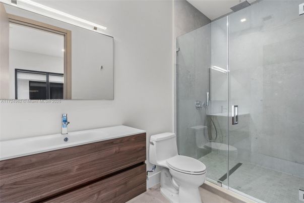 Bathroom, Glass Shower, Interior, Recessed Lighting, Wood Texture Flooring
