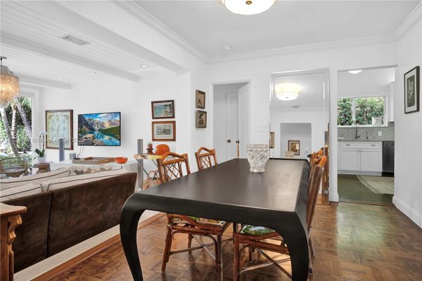 Dining room, Interior, Recessed Lighting, Wood Texture Flooring