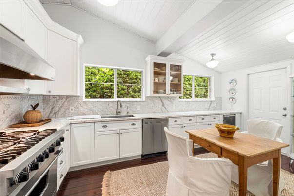 Interior, Kitchen, Marble Walls, Stainless Steel Appliances, Wood Texture Flooring