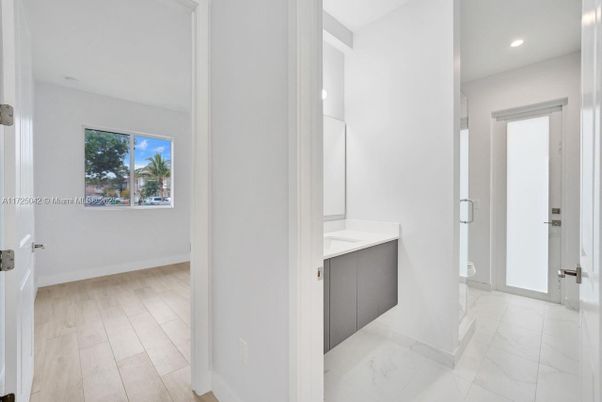 Bathroom, Interior, Marble, Recessed Lighting, Wood Texture Flooring