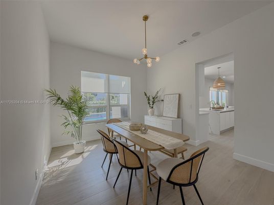 Dining room, Interior, Pendant Lights, Wood Texture Flooring