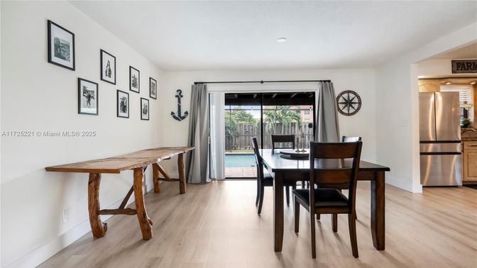 Dining room, Interior, Kitchen, Recessed Lighting, Stainless Steel Appliances, Wood Texture Flooring