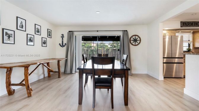 Dining room, Interior, Kitchen, Recessed Lighting, Stainless Steel Appliances, Wood Texture Flooring
