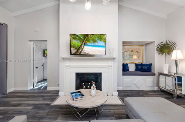 Fireplace, Interior, Living room, Pendant Lights, Wood Texture Flooring