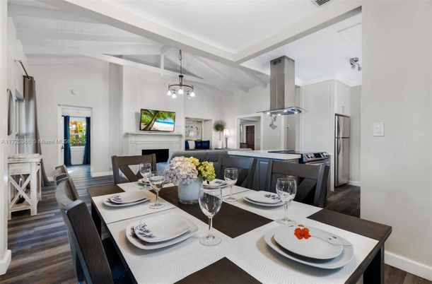 Dining room, Fireplace, Interior, Kitchen, Pendant Lights, Wood Texture Flooring