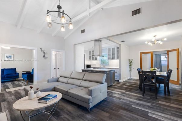 Dining room, Interior, Kitchen, Living room, Pendant Lights, Stainless Steel Appliances, Wood Texture Flooring