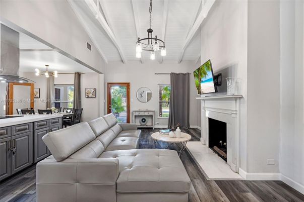 Dining room, Fireplace, Interior, Living room, Pendant Lights, Wood Texture Flooring