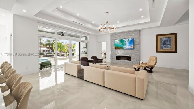 Chandelier, Fireplace, Interior, Living room, Recessed Lighting
