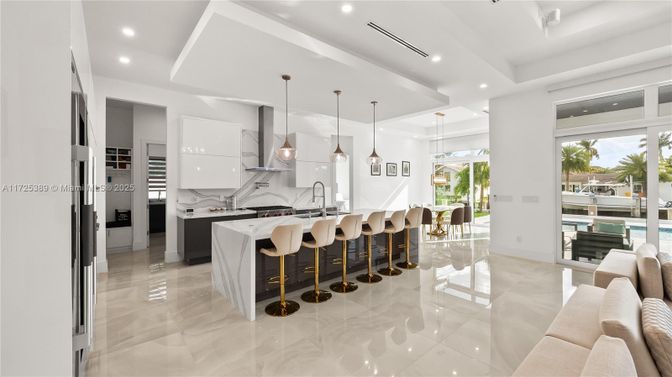 Interior, Kitchen, Marble Walls, Pendant Lights, Recessed Lighting