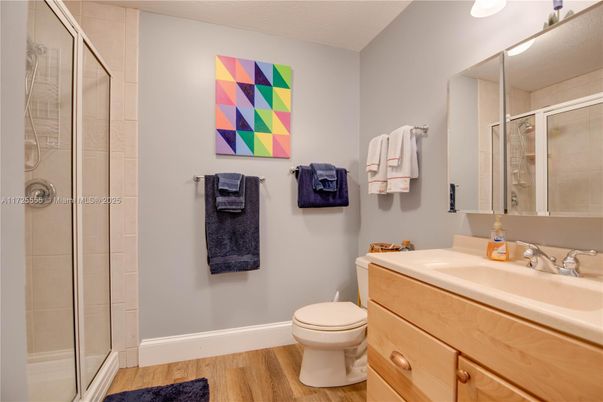 Bathroom, Glass Shower, Interior, Wood Texture Flooring