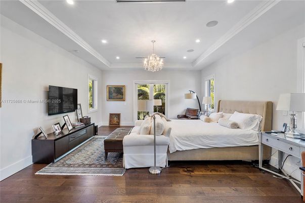 Bedroom, Chandelier, Interior, Recessed Lighting, Wood Texture Flooring