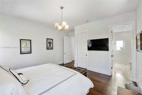 Bedroom, Chandelier, Interior, Recessed Lighting, Wood Texture Flooring