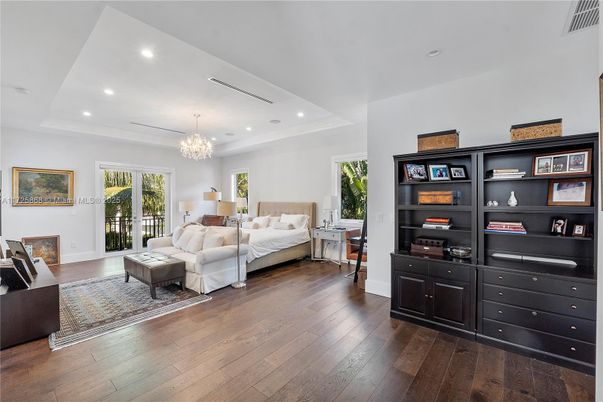 Bedroom, Chandelier, Interior, Recessed Lighting, Wood Texture Flooring