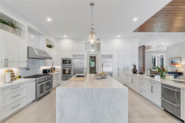 Interior, Kitchen, Pendant Lights, Recessed Lighting, Stainless Steel Appliances, Wooden Ceilings