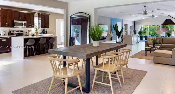 Dining room, Interior, Kitchen, Living room, Recessed Lighting, Stainless Steel Appliances