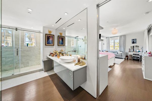 Bathroom, Bedroom, Glass Shower, Interior, Recessed Lighting, Wood Texture Flooring