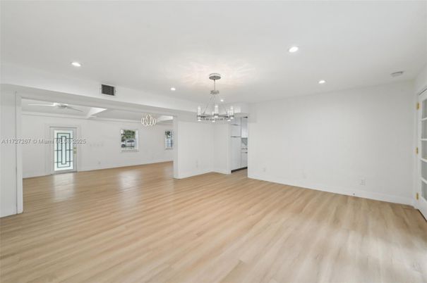 Chandelier, Empty room, Interior, Recessed Lighting, Wood Texture Flooring