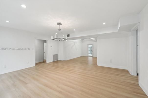Chandelier, Empty room, Interior, Pendant Lights, Recessed Lighting, Wood Texture Flooring
