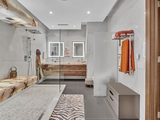 Bathroom, Glass Shower, Interior, Marble Walls, Recessed Lighting