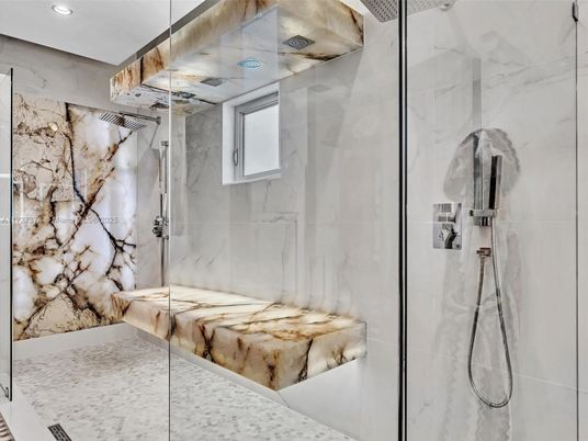 Bathroom, Glass Shower, Interior, Marble Walls, Recessed Lighting