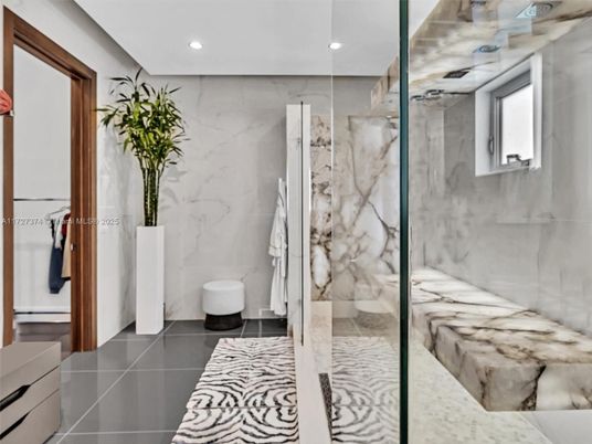 Bathroom, Glass Shower, Interior, Marble Walls, Recessed Lighting
