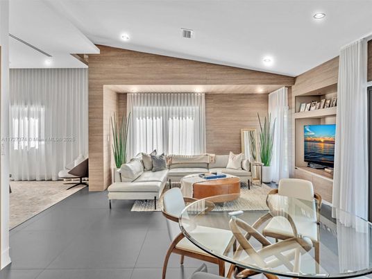 Dining room, Interior, Living room, Recessed Lighting, Wooden Walls