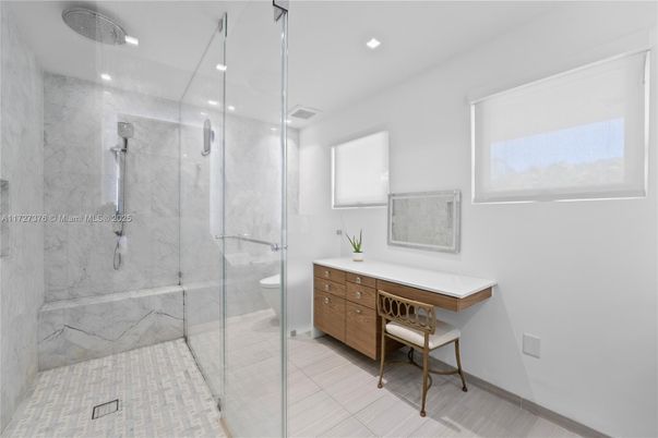 Bathroom, Glass Shower, Interior, Marble Walls, Recessed Lighting
