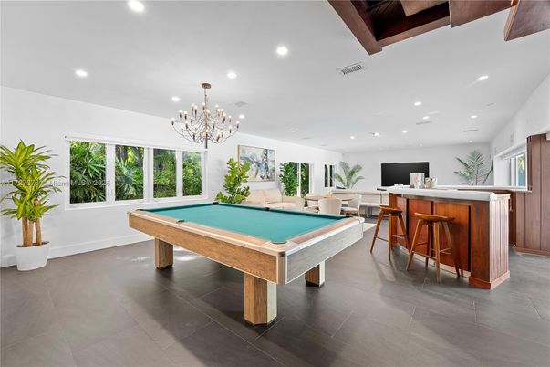 Billiard Table, Chandelier, Game Room, Interior, Recessed Lighting