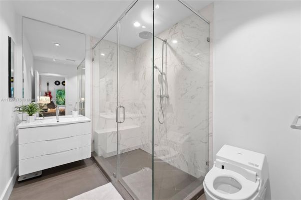 Bathroom, Glass Shower, Interior, Marble Walls, Recessed Lighting