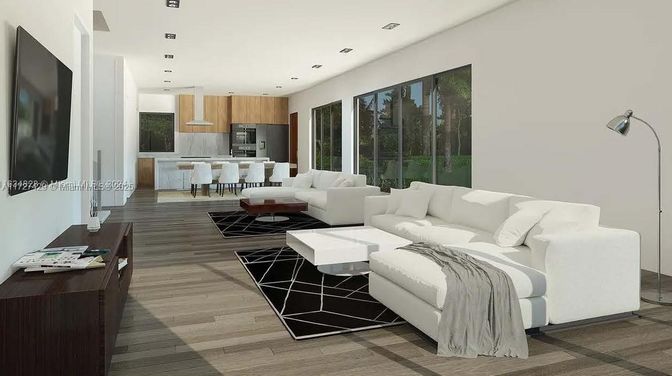 Interior, Kitchen, Living room, Recessed Lighting, Stainless Steel Appliances, Wood Texture Flooring