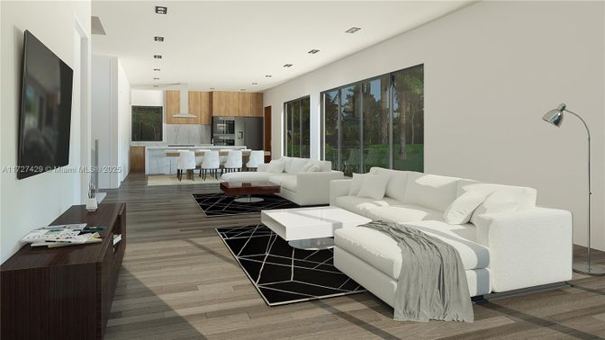 Interior, Kitchen, Living room, Recessed Lighting, Wood Texture Flooring