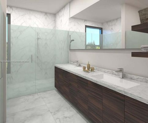 Bathroom, Dual Sink Vanities, Glass Shower, Interior, Marble, Marble Walls