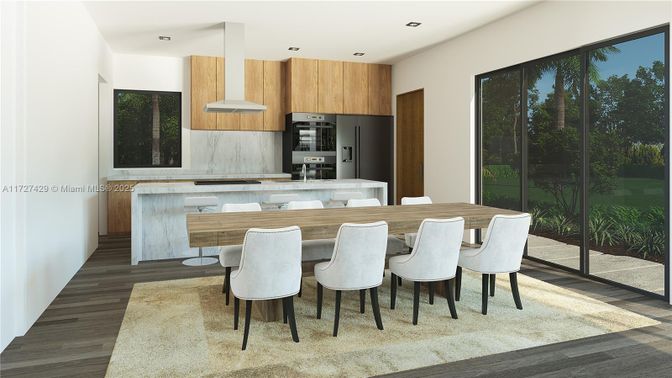 Dining room, Interior, Kitchen, Pendant Lights, Recessed Lighting, Stainless Steel Appliances, Wood Texture Flooring
