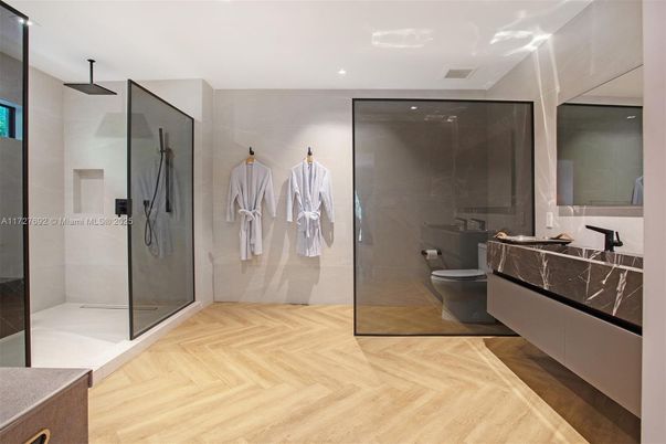 Bathroom, Glass Shower, Interior, Recessed Lighting, Wood Texture Flooring