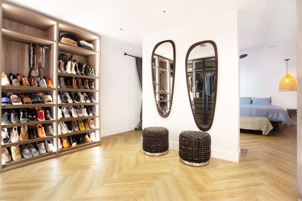 Bedroom, Interior, Pendant Lights, Recessed Lighting, Wood Texture Flooring