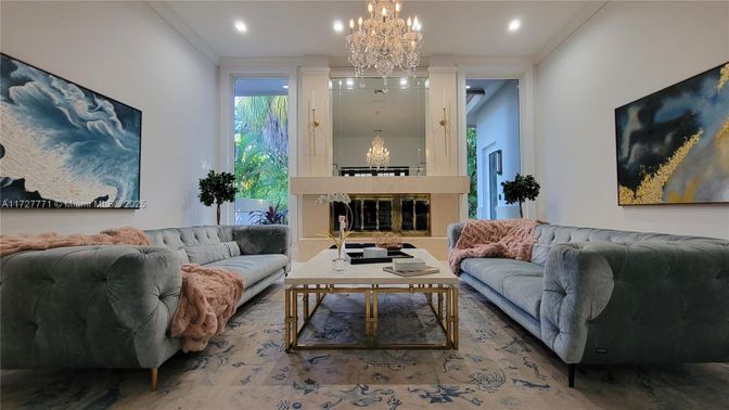 Chandelier, Fireplace, Interior, Living room, Recessed Lighting