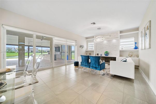 Dining room, Fireplace, Interior, Living room, Pendant Lights