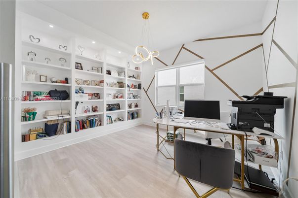Home Office, Interior, Pendant Lights, Recessed Lighting, Wood Texture Flooring